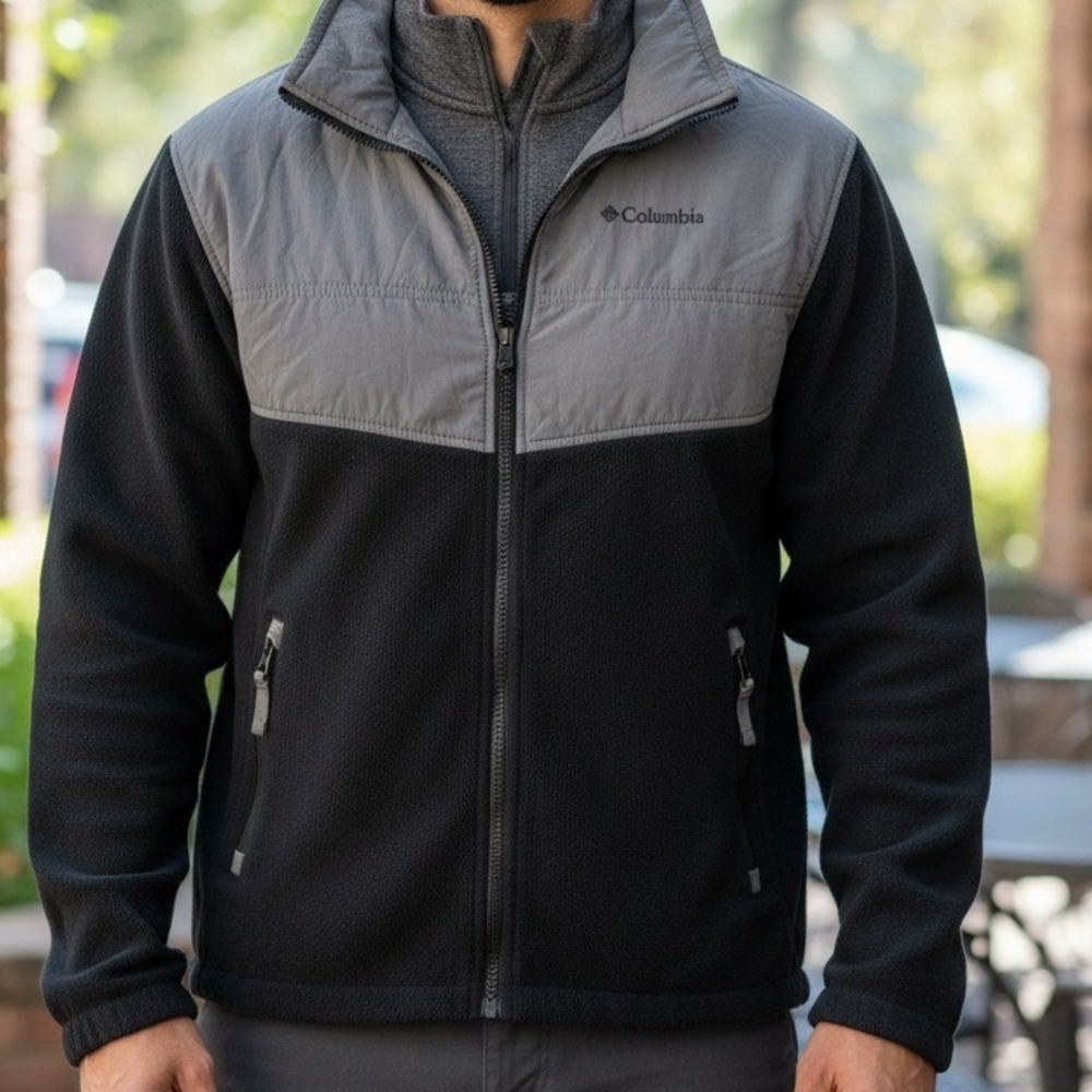 Columbia Mens Interchange Full‎ Zip Fleece Jacket Black Gray Colorblock Medium